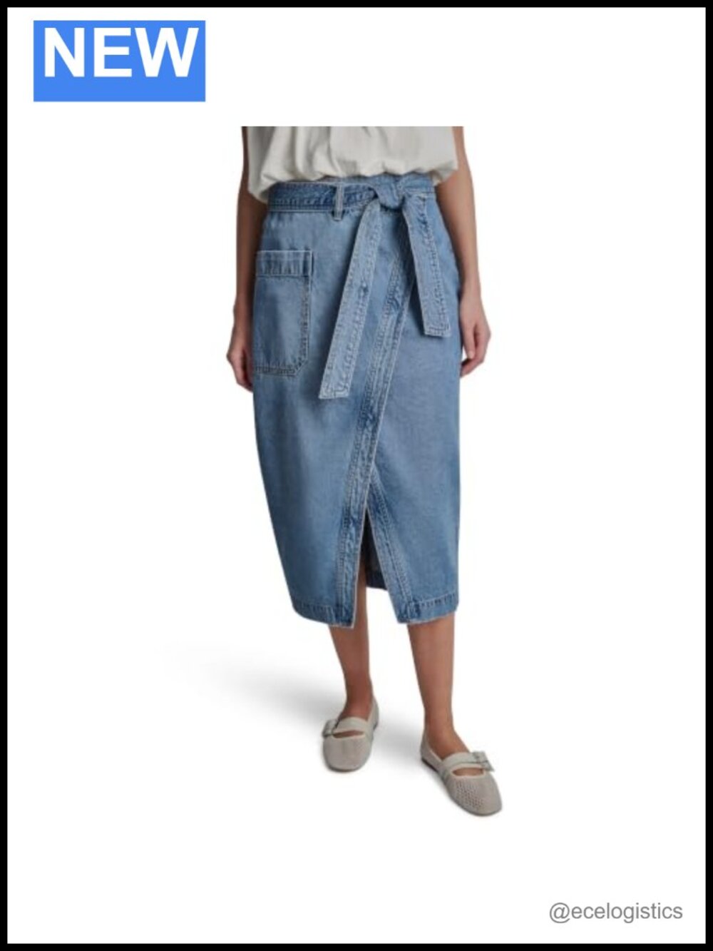 High Rise Denim Wrap Skirt, Below Knee, Drawstring, 100% Cotton, Adult